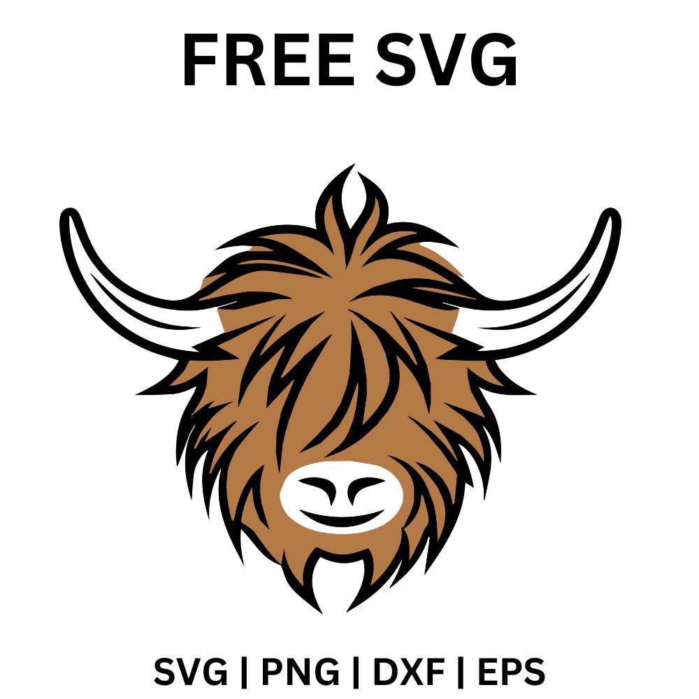 Brown cartoon highland cow head with shaggy orange-brown fur, white curved horns and a big pink nose, free brown highland cow clipart SVG cut file preview.