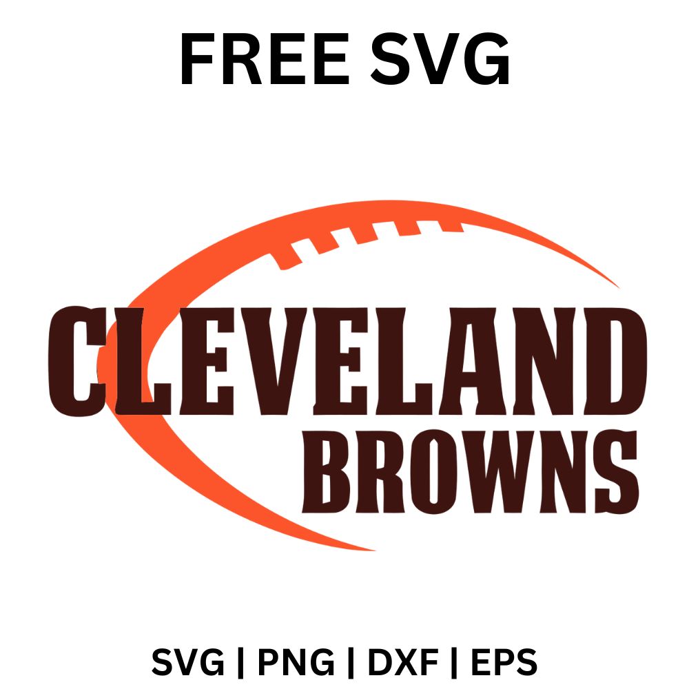 Bold brown condensed city and team name lettering over an orange football outline swoosh with laces, free football typography SVG cut file preview.