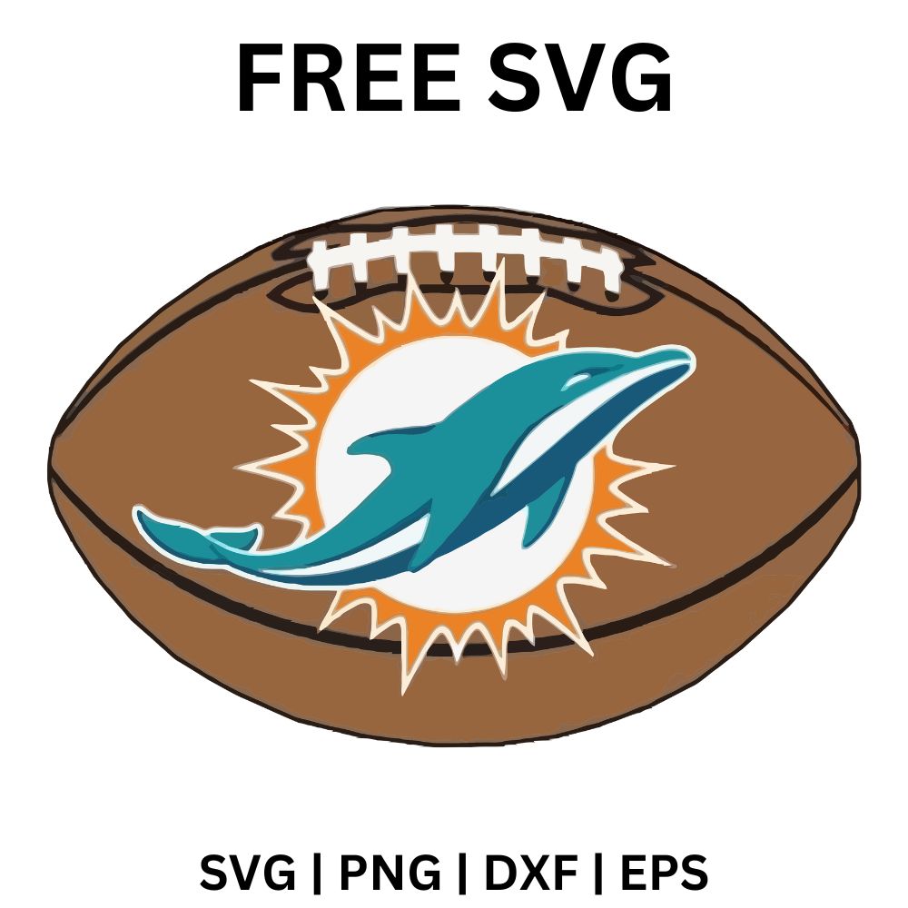 Brown leather football with white laces featuring an aqua dolphin over an orange sunburst in the center, free football dolphin SVG cut file preview.