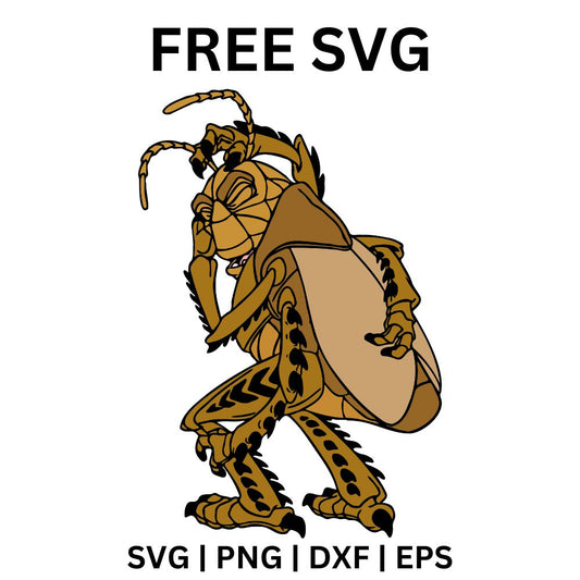 Sly brown cartoon grasshopper standing tall and clutching a big round tan seed like a shield, free cartoon grasshopper SVG cut file preview.