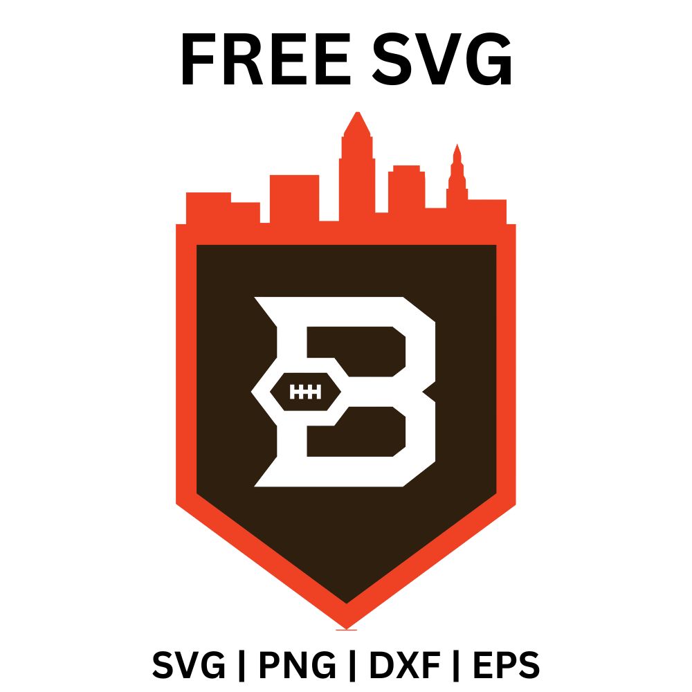Brown shield with a white block letter B holding a football, outlined in orange and topped by an orange city skyline, free letter B skyline shield SVG cut file preview.