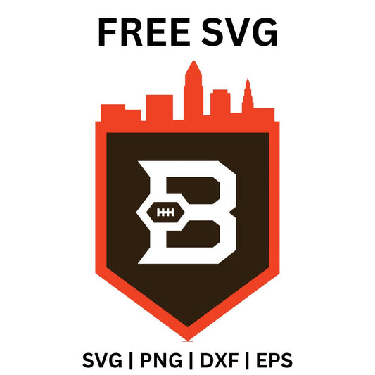 Brown shield with a white block letter B holding a football, outlined in orange and topped by an orange city skyline, free letter B skyline shield SVG cut file preview.