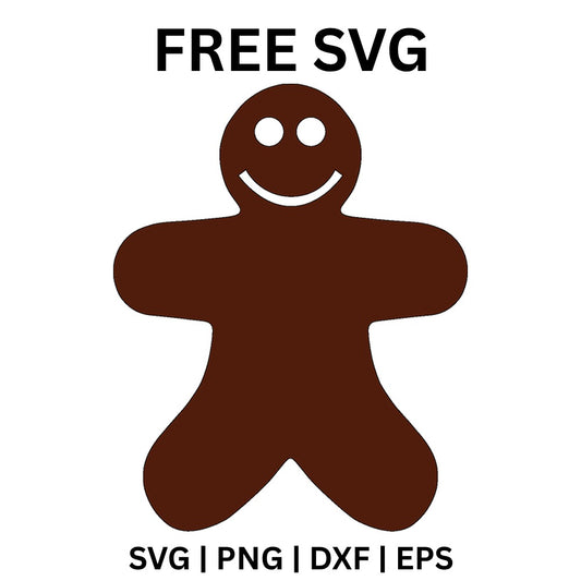 Solid brown gingerbread man cookie with white dot eyes and a smile, free Christmas cookie SVG cut file preview.