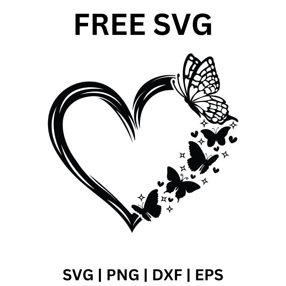 Black brush stroke heart outline with a large butterfly on top and smaller butterflies, hearts and sparkles trailing down one side, free butterfly heart SVG cut file preview.
