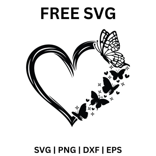 Black brush stroke heart outline with a large butterfly on top and smaller butterflies, hearts and sparkles trailing down one side, free butterfly heart SVG cut file preview.