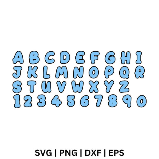 Full bubble alphabet A to Z and numbers 0 to 9 in light blue letters with a black outline, free bubble alphabet SVG cut file preview.