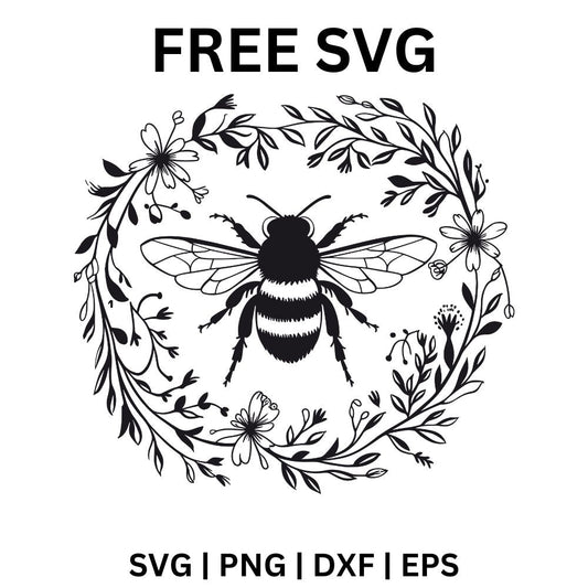 Black line art bumblebee with spread wings centered inside a round wreath of delicate wildflowers and leaves, free bee wreath SVG cut file preview.