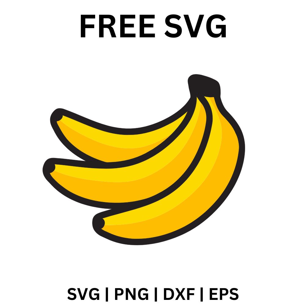 Bunch of three curved bright yellow bananas joined at a brown stem with dark outlines, free banana bunch SVG cut file preview.