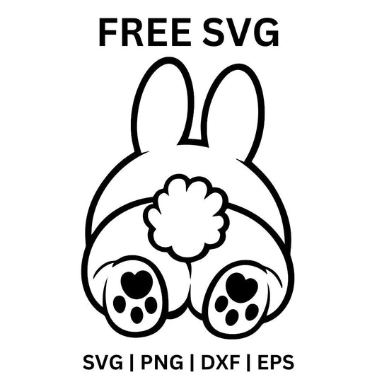 Black outline of a bunny from behind with tall ears, a fluffy tail and heart shaped paw pads on its feet, free bunny tail Easter SVG cut file preview.