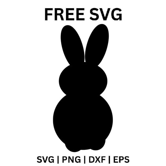 Black Easter bunny silhouette seen from behind with two tall rounded ears, a round head stacked on a wide round body and small feet, free Easter bunny SVG cut file preview.