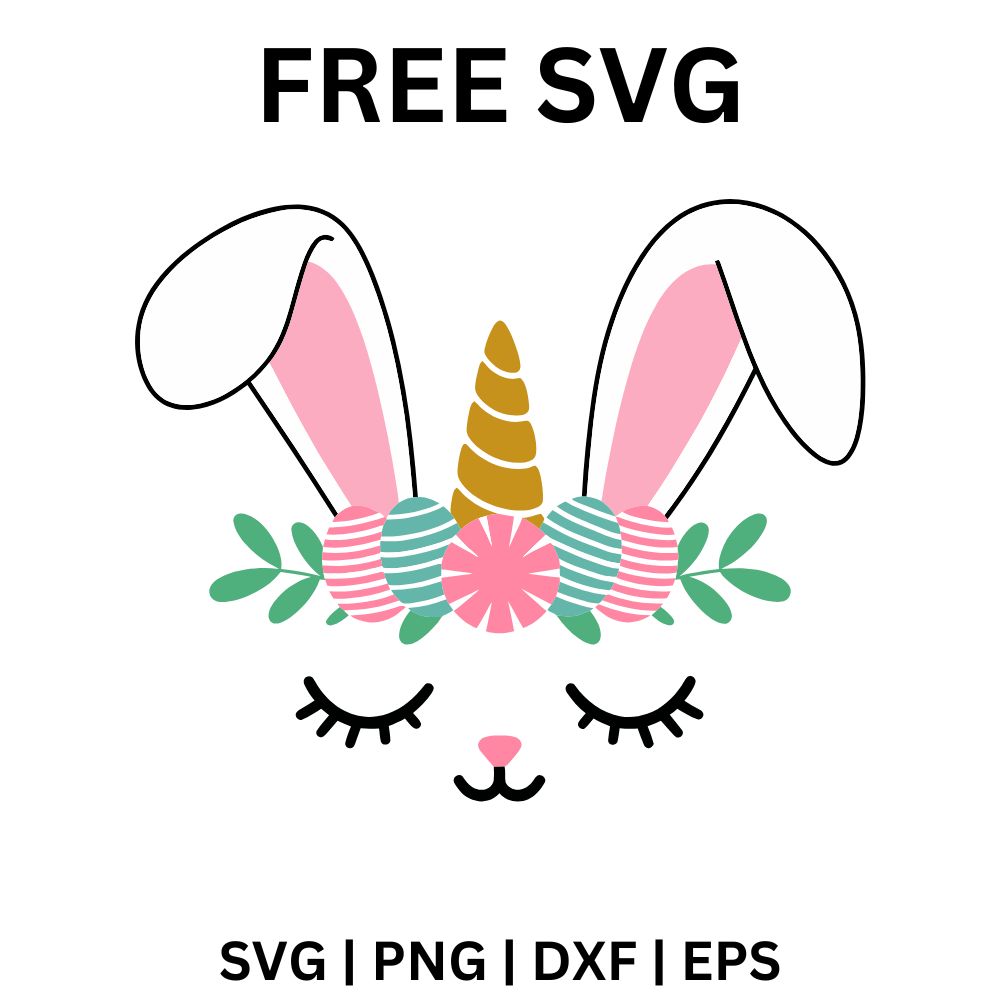 Bunny face with long pink-lined ears, a gold unicorn horn and a crown of pastel Easter eggs and flowers above sleepy lashes and whiskers, free Easter bunny unicorn SVG cut file preview.