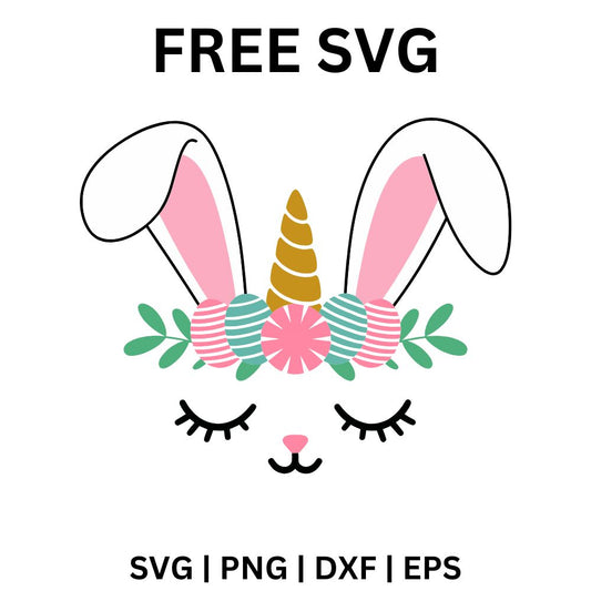 Bunny face with long pink-lined ears, a gold unicorn horn and a crown of pastel Easter eggs and flowers above sleepy lashes and whiskers, free Easter bunny unicorn SVG cut file preview.