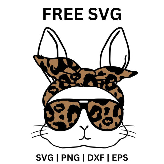 White outlined bunny face wearing a leopard print knotted headband and matching leopard aviator sunglasses, free cool leopard bunny SVG cut file preview.