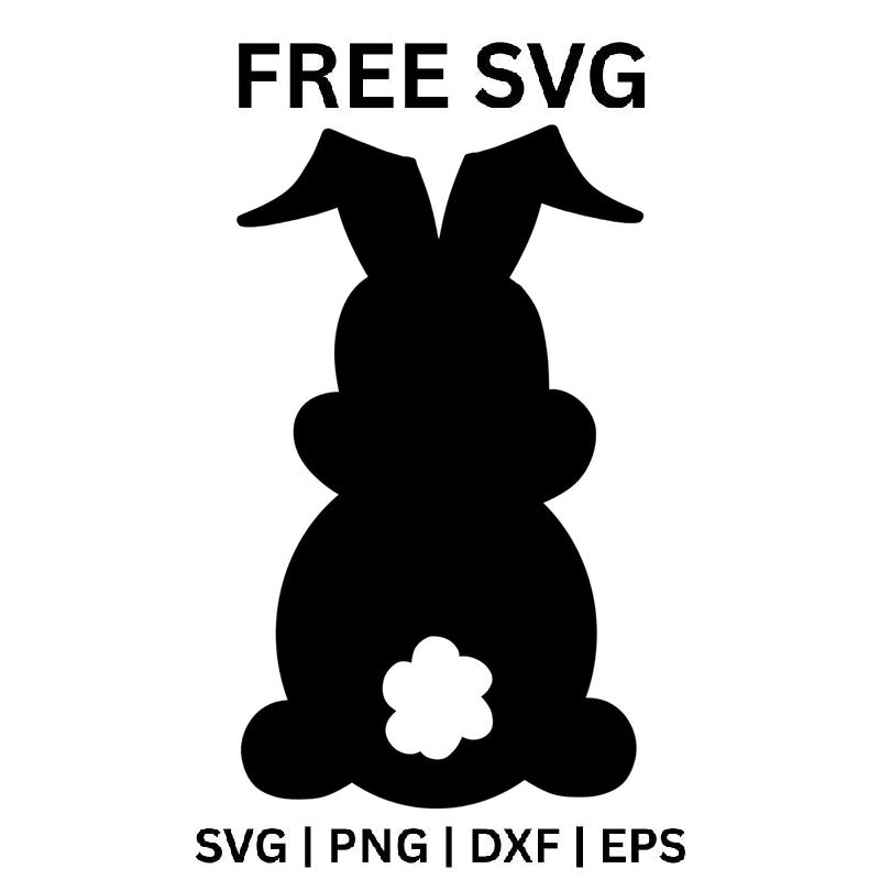 Black Easter bunny silhouette seen from behind with both ears flopped sideways, a round sitting body, a white flower-shaped tail and round feet, free Easter bunny SVG cut file preview.