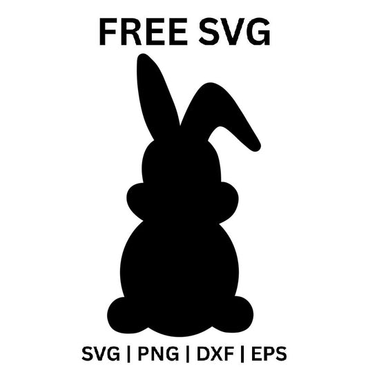 Black minimalist bunny silhouette sitting with its back turned, one tall ear upright and one ear flopped over, a round body and a small tail, free Easter bunny SVG cut file preview.