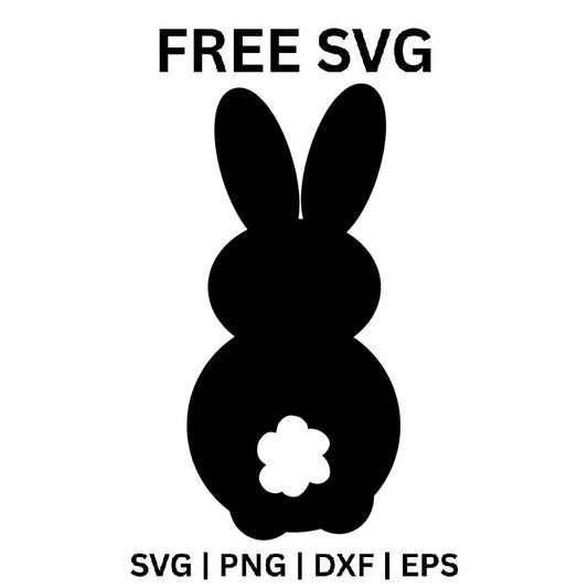 Black Easter bunny silhouette seen from behind with two tall upright ears, a stacked round body, a white flower-shaped tail and tiny feet peeking out, free Easter bunny SVG cut file preview.