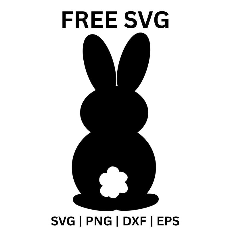 Black Easter bunny silhouette seen from behind with two tall ears, a round body sitting on an oval base and a white flower-shaped tail, free Easter bunny SVG cut file preview.