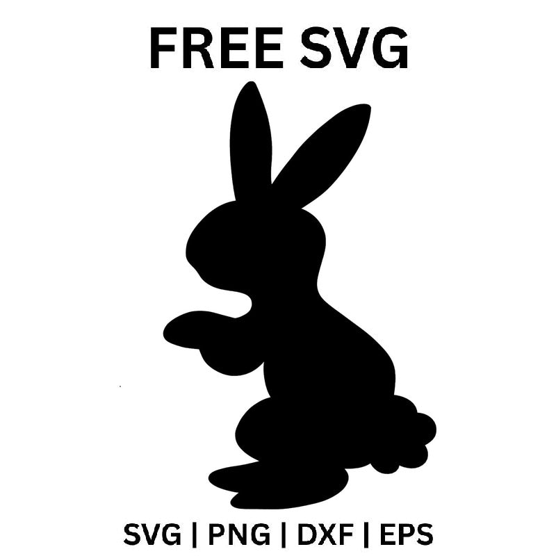 Black bunny silhouette sitting up facing left with tall upright ears, curled front paws and a fluffy tail, free Easter bunny SVG cut file preview.