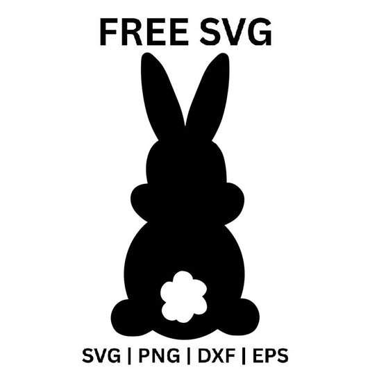 Black Easter bunny silhouette seen from behind with two tall upright ears, a round body, a white flower-shaped tail and wide rounded feet, free Easter bunny SVG cut file preview.