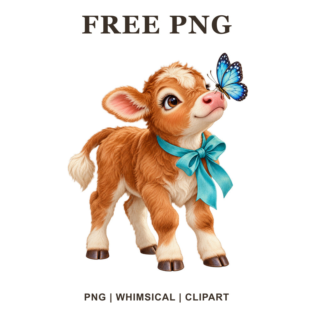 Cow with a butterfly friend, whimsical farm cow PNG clipart.