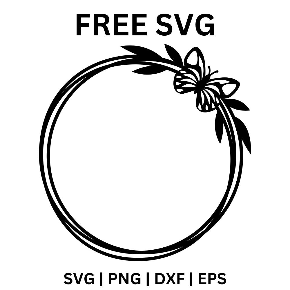 Black double ring circle frame with a butterfly and leaves at the top right and an empty center, free butterfly wreath frame SVG cut file preview.