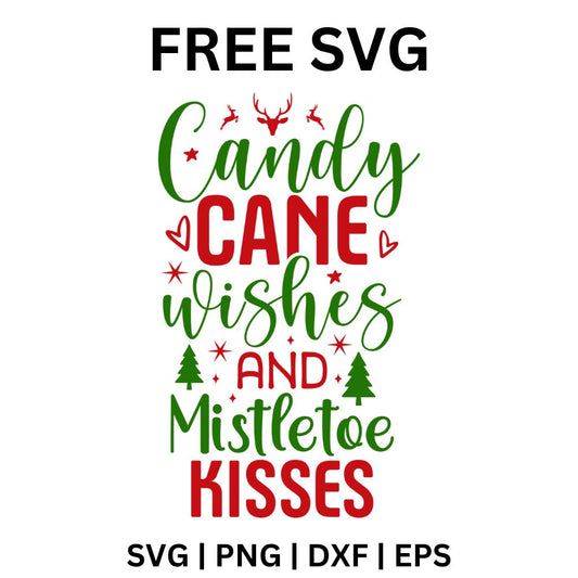 Green and red Candy Cane Wishes and Mistletoe Kisses text with small Christmas trees, reindeer antlers, hearts and stars, free Christmas wishes SVG cut file preview.