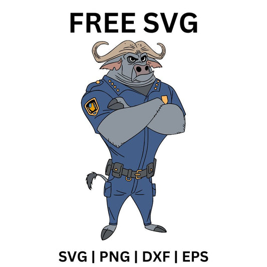 Stern cartoon cape buffalo police chief with curved horns in a navy uniform standing with arms crossed, free police buffalo SVG cut file preview.