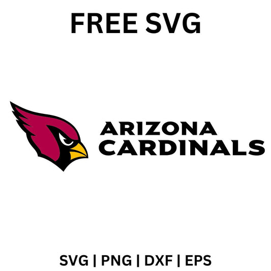 Red cardinal bird head with a yellow beak beside a bold black two line block wordmark, free cardinal head horizontal wordmark SVG cut file preview.
