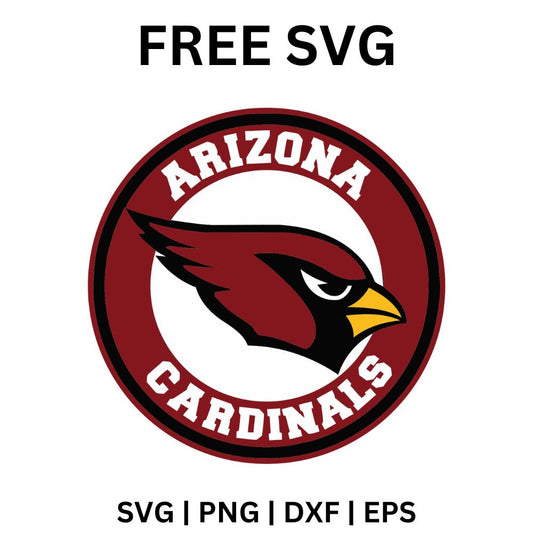 Red cardinal bird head on a white circle inside a dark red ring with arched white lettering, free cardinal round badge SVG cut file preview.