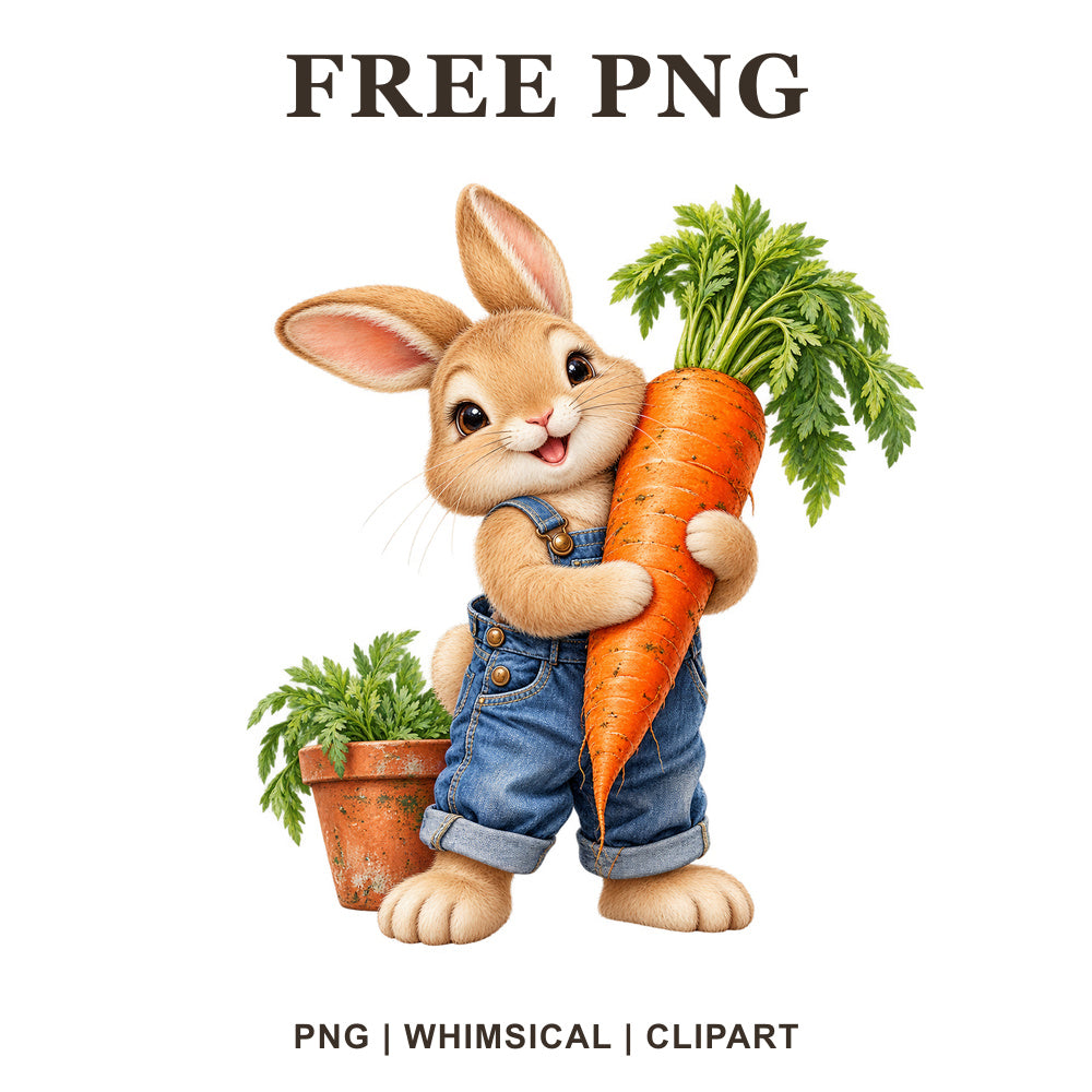 Smiling tan bunny in denim overalls hugging a giant carrot beside a potted plant, free carrot gardener bunny PNG