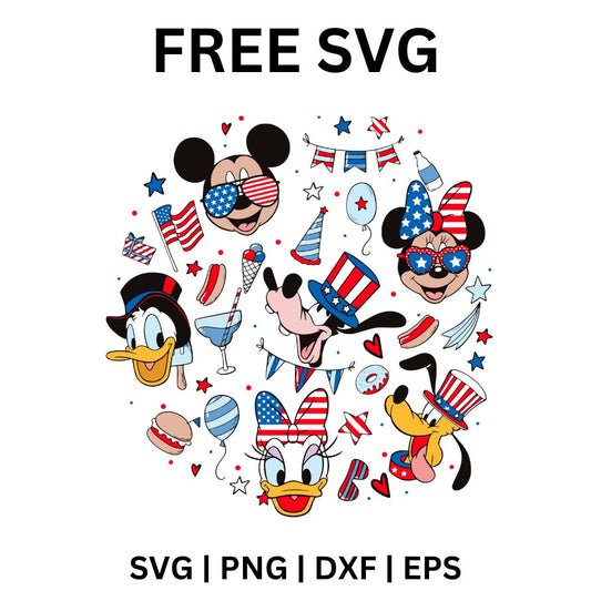Circle collage of cartoon animal faces in flag sunglasses and patriotic top hats with balloons, flags, party hats, ice cream and fireworks, free 4th of July cartoon collage SVG cut file preview.
