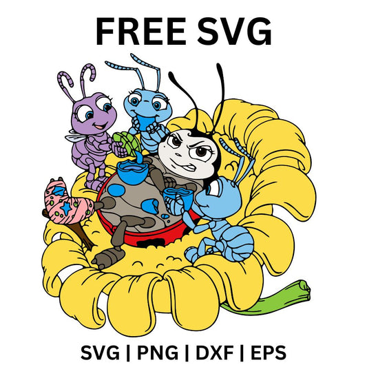 Group of colorful cartoon bugs and ants including a ladybug and caterpillar gathered on a big yellow sunflower, free cartoon bugs SVG cut file preview.