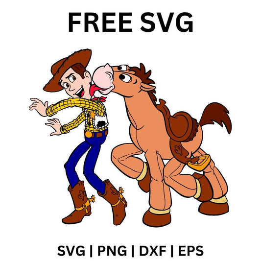 Cartoon cowboy in a brown hat and yellow plaid shirt hugging a happy brown horse friend, free cowboy and horse friends SVG cut file preview.