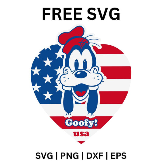 Cartoon dog with long blue ears and a red hat smiling inside a heart shaped American flag with white stars and red stripes, free 4th of July cartoon dog flag SVG cut file preview.