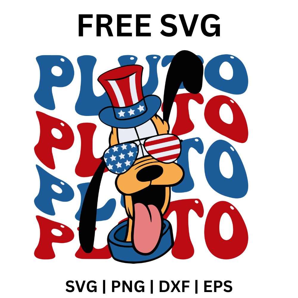 Cartoon dog in flag sunglasses and a patriotic top hat with its tongue out over red and blue wavy repeating name letters, free patriotic dog repeat text SVG cut file preview.