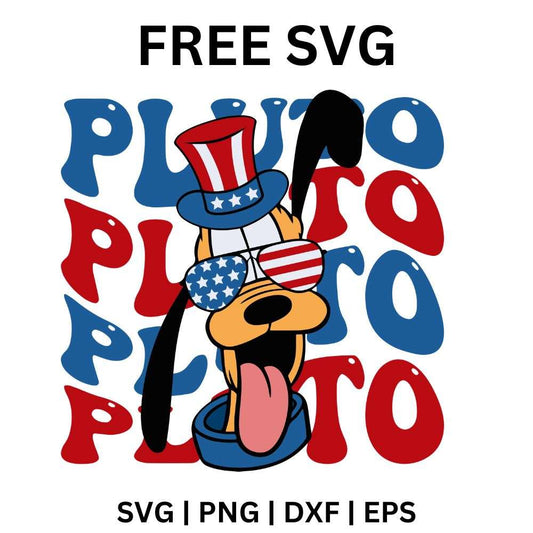 Cartoon dog in flag sunglasses and a patriotic top hat with its tongue out over red and blue wavy repeating name letters, free patriotic dog repeat text SVG cut file preview.