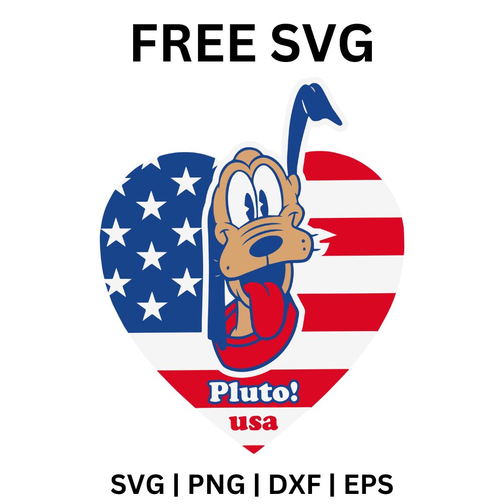Cartoon dog with floppy ears and a red tongue inside a heart shaped American flag with white stars and red stripes, free 4th of July dog flag heart SVG cut file preview.
