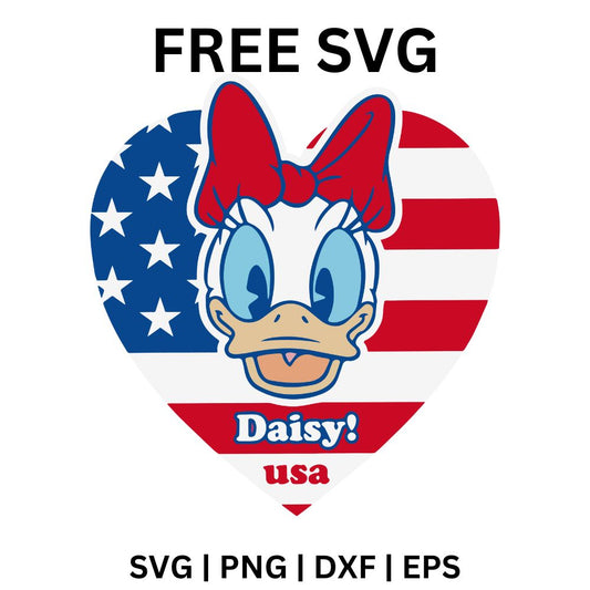 Cartoon duck with big blue eyes and a red polka dot bow inside a heart shaped American flag with white stars and red stripes, free 4th of July duck flag heart SVG cut file preview.