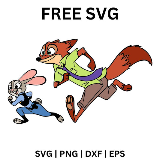 Cartoon red fox in a green shirt and tie running alongside a gray police bunny in uniform, free fox and bunny SVG cut file preview.