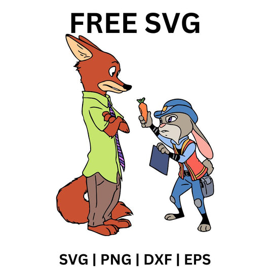 Tall cartoon red fox in a green shirt standing next to a gray police bunny holding up a carrot pen, free fox and bunny SVG cut file preview.