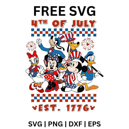 Cartoon mouse, duck and dog friends marching in a patriotic parade under a blue checkered 4th of July banner with red EST 1776 lettering below, free Fourth of July parade SVG cut file preview.