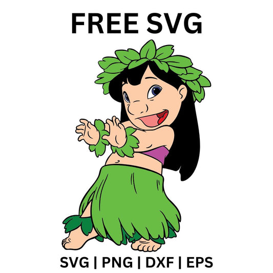 Cartoon girl with long black hair in a green grass skirt, leaf crown and leaf bracelets doing a hula dance, free hula dancing girl SVG cut file preview.