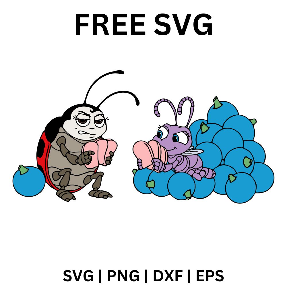 Cartoon red ladybug sitting beside a fuzzy purple caterpillar on a pile of round blue berries, free ladybug and caterpillar SVG cut file preview.