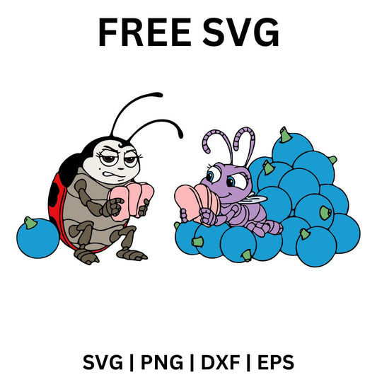 Cartoon red ladybug sitting beside a fuzzy purple caterpillar on a pile of round blue berries, free ladybug and caterpillar SVG cut file preview.