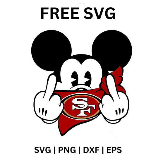 Cartoon mouse wearing a red oval logo bandana over its face and holding up both middle fingers, free attitude cartoon mouse football SVG cut file preview.