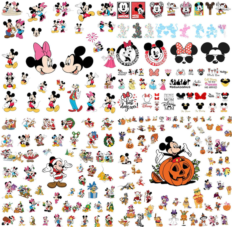 Large collage of cartoon mouse characters, bows, ears, Halloween pumpkins and party designs in red, black and pink, free cartoon mouse bundle SVG cut file preview.