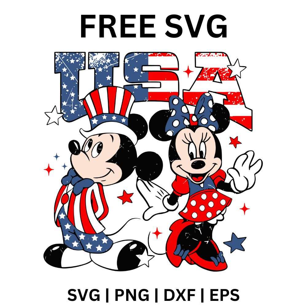 Cartoon mouse couple in stars and stripes outfits and a top hat and bow standing under flag-patterned USA letters, free patriotic mouse couple SVG cut file preview.