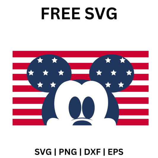 Navy cartoon mouse face with star filled ears peeking up in front of red and white flag stripes, free patriotic cartoon mouse SVG cut file preview.