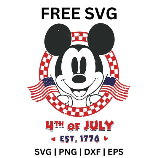 Cartoon mouse face in a red checkered circle with crossed American flags above red 4th of July EST 1776 lettering, free vintage Fourth of July SVG cut file preview.