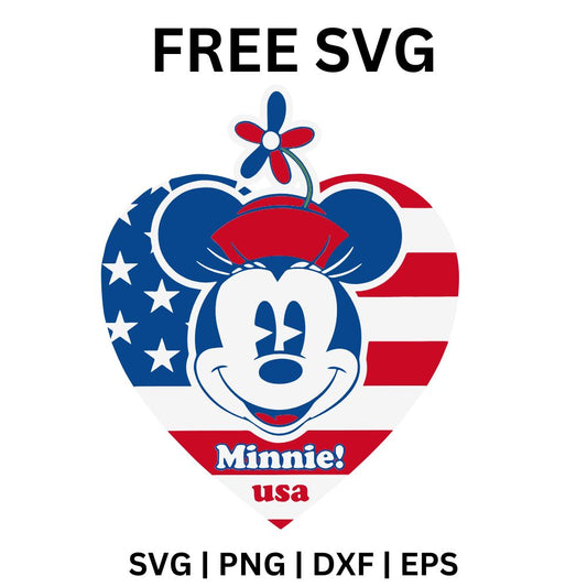 Cartoon mouse girl face with a red bow inside a stars and stripes flag heart above the word usa, free patriotic mouse girl SVG cut file preview.
